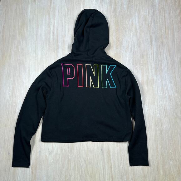 Victoria's Secret Pink Sweaters - PINK Victoria's Secret Black Pullover Crop Hoodie Y2K Casual Rainbow Logo Small